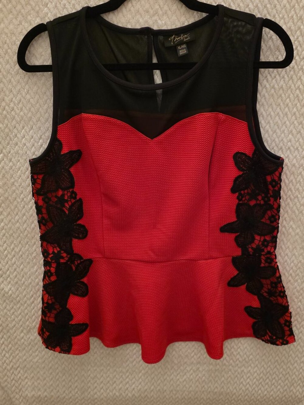 Thalia Sodi Women’s Peplum Top Red/Black Lace/Sheer Top SZ XL Classy Office